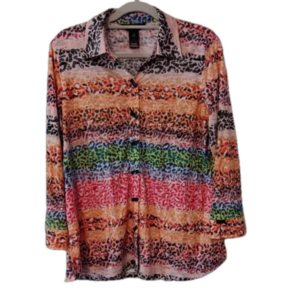 Ali Miles Multi Color Animal Print Burnout Long Sleeve Tunic Shirt
